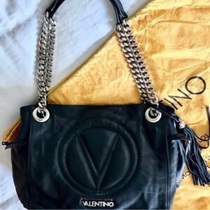 Valentino Black Leather Shoulder Bag with Silver Chain